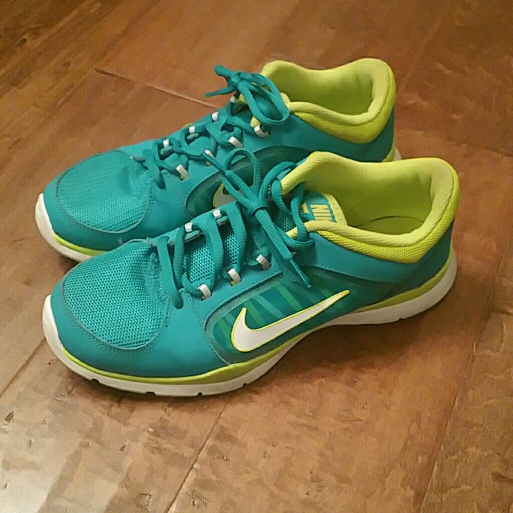 Nike tennis shoes, teal and lime